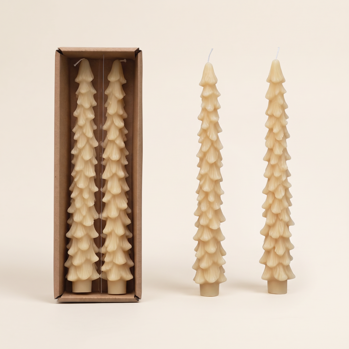 Unscented Tree Shaped Taper Candles, Eggnog, Set of 2