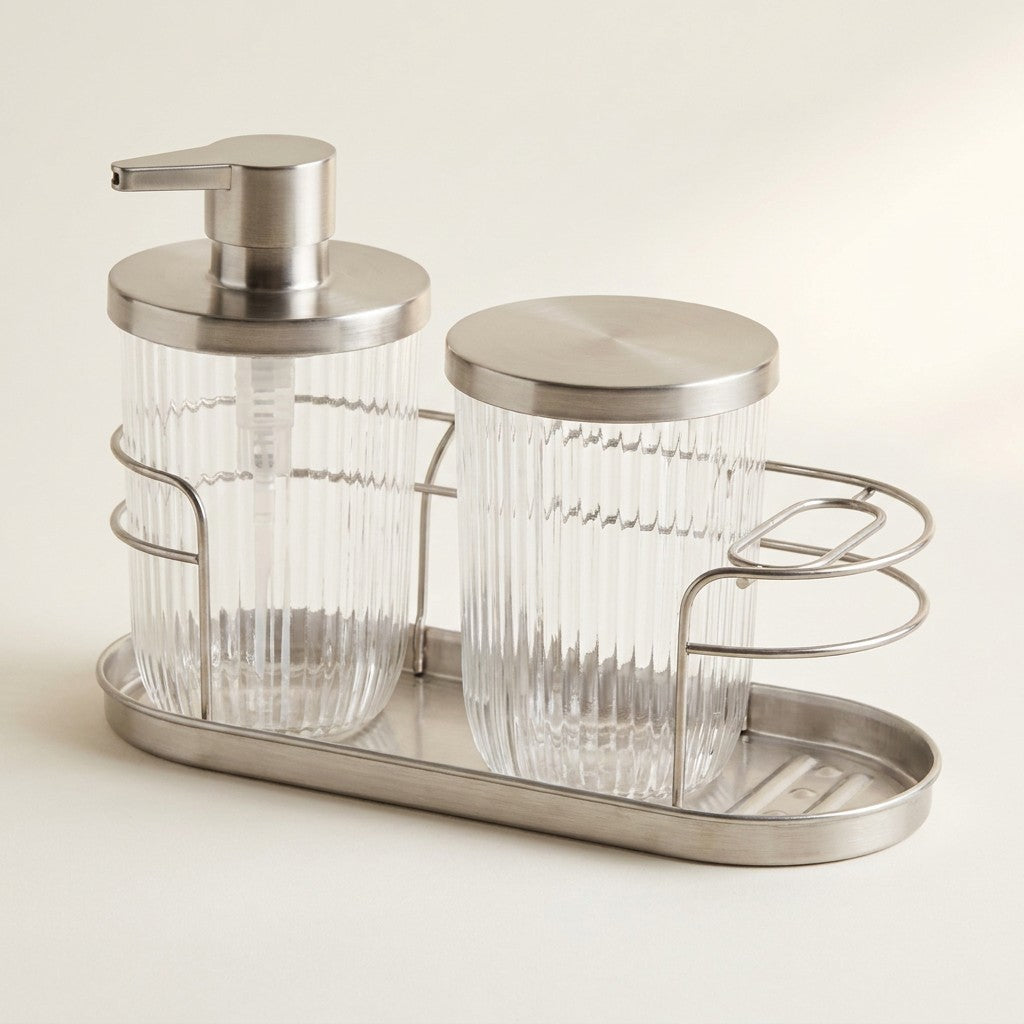 Soap Pump, Canister, Cage Toothbrush Holder (Set of 3)