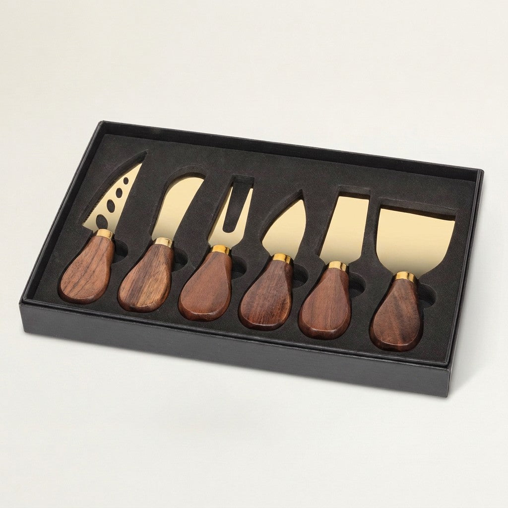 Walnut Handled Cheese Knives, Gold, Set of 6