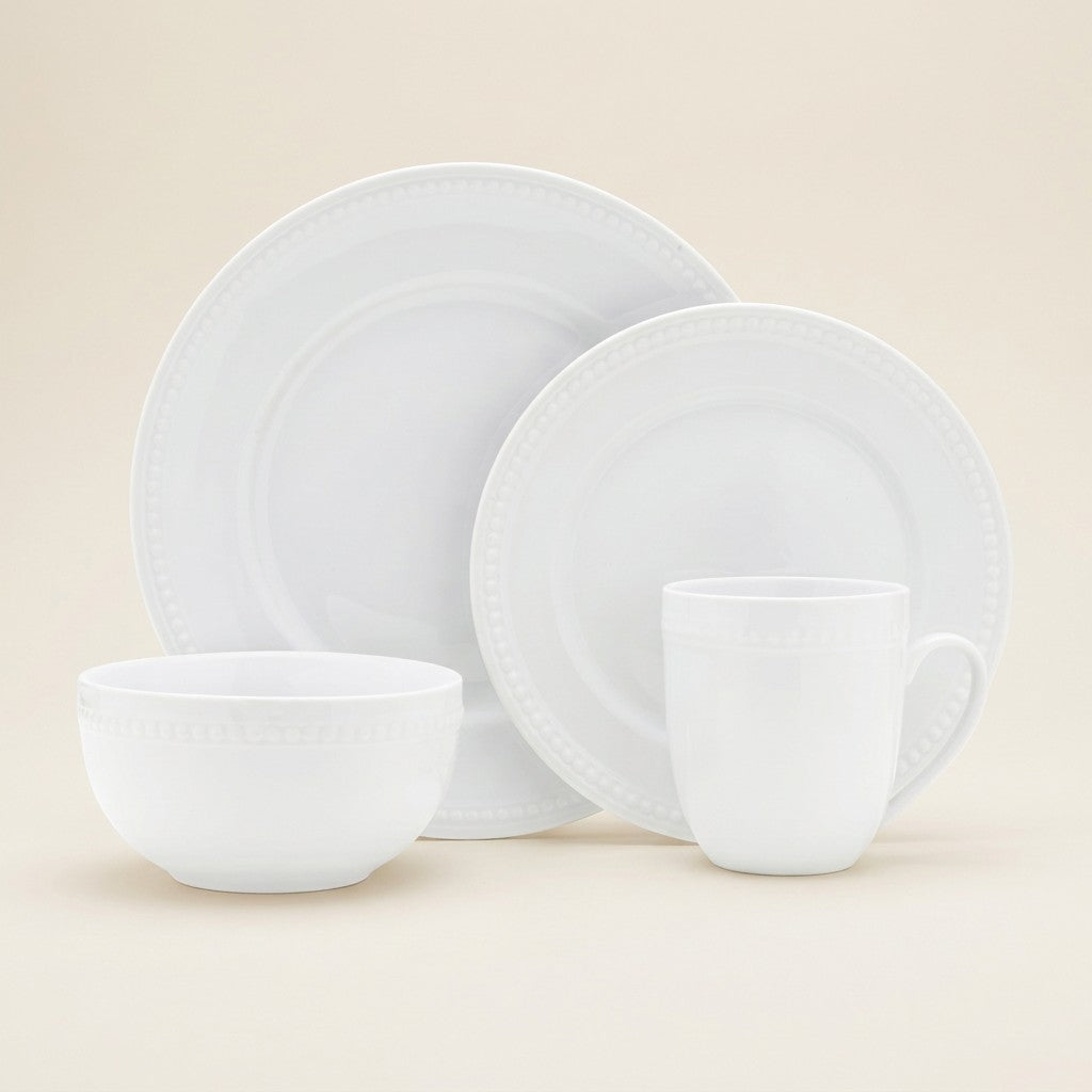 Everyday White Beaded Dinnerware, 16-Piece Boxed Set