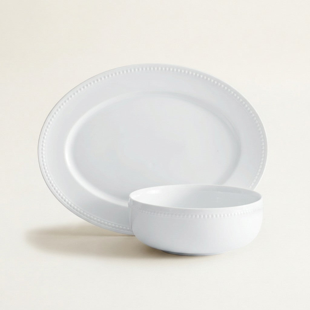 Everyday White Beaded Serve Set (Bowl & Platter), Set of 2