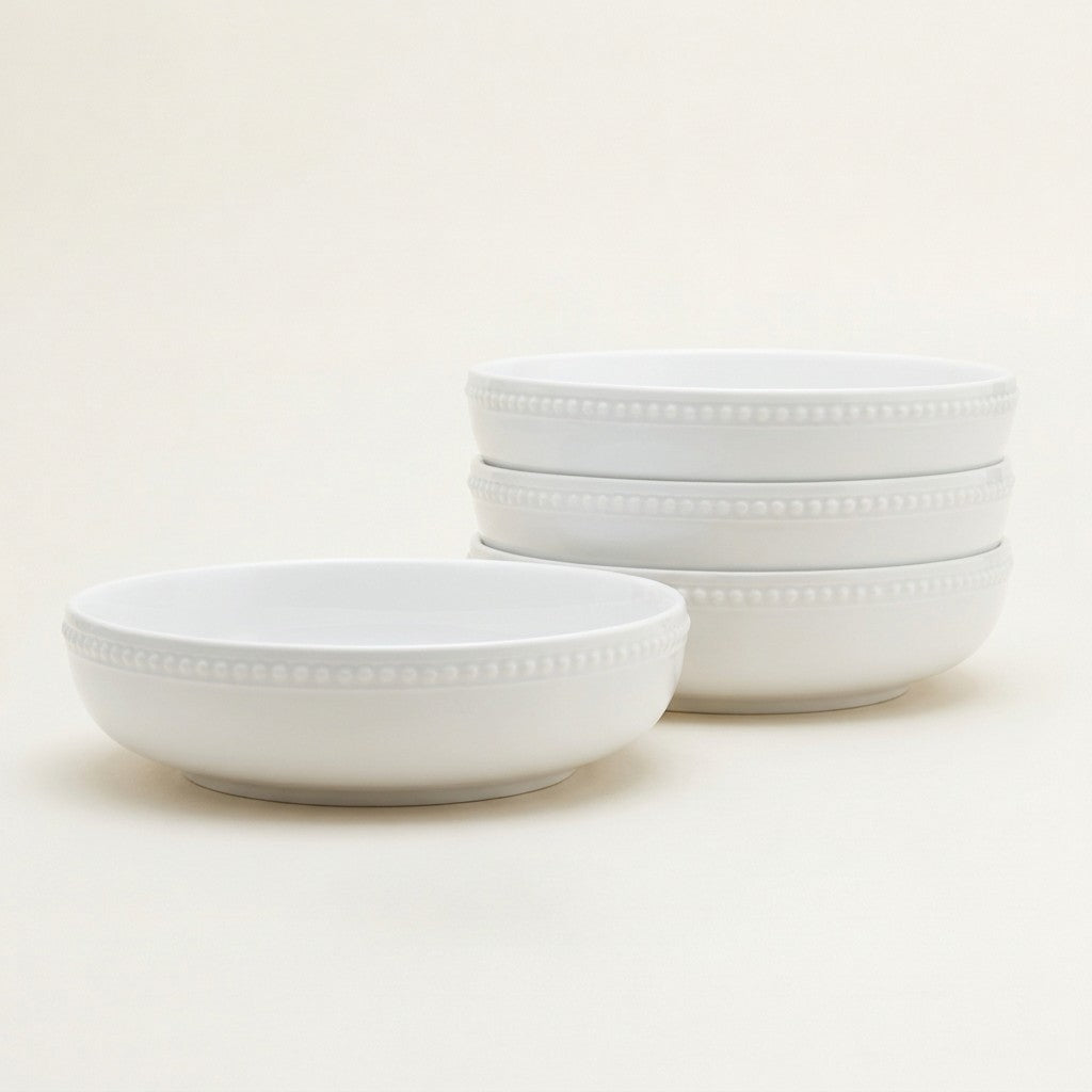 Everyday White Beaded Dinner Bowls, Set of 4