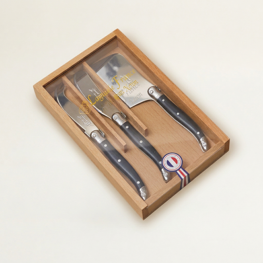 Laguiole 3 Piece Mini Cheese Utensil Set, in Wood Box with Acrylic Lid