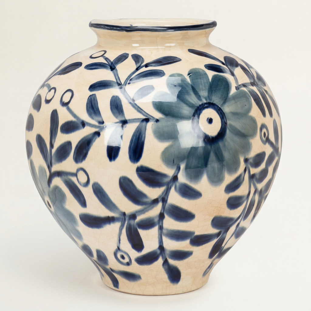 Large Blue Floral Round Vase