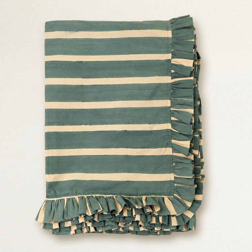 Block Print Stripe Ruffle Tablecloth