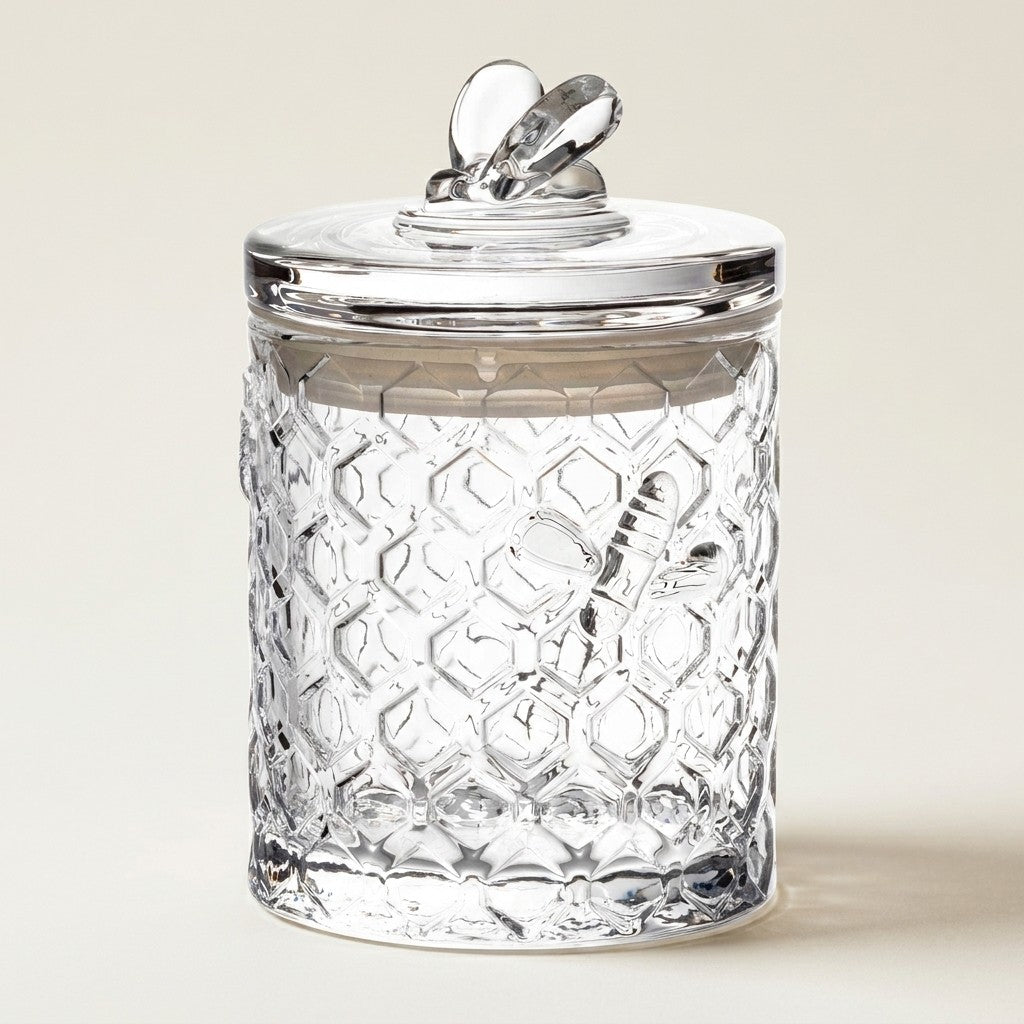 Honeycomb Jar With Bee On Sealed Lid 5 H - Clear