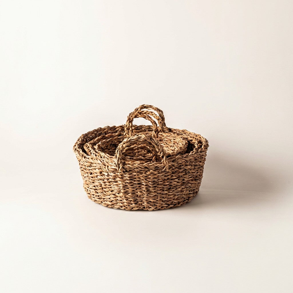 Low Round Seagrass Trays with Handles, Set of 3