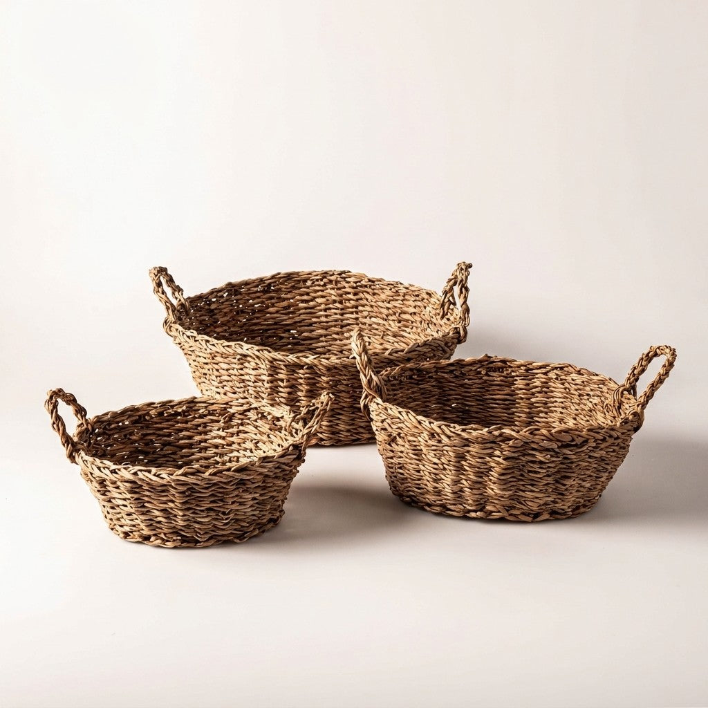 Low Round Seagrass Trays with Handles, Set of 3