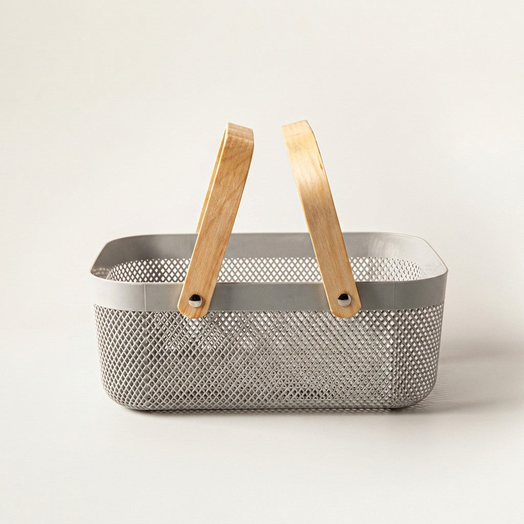 Plexus Mesh Storage Basket with Wooden Handle, Medium
