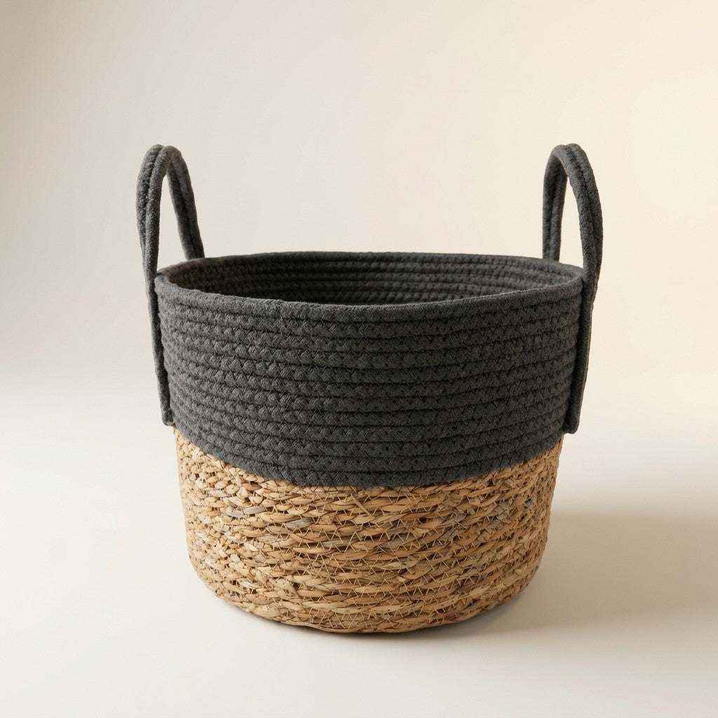Small Woven Cotton Rope & Rush Basket