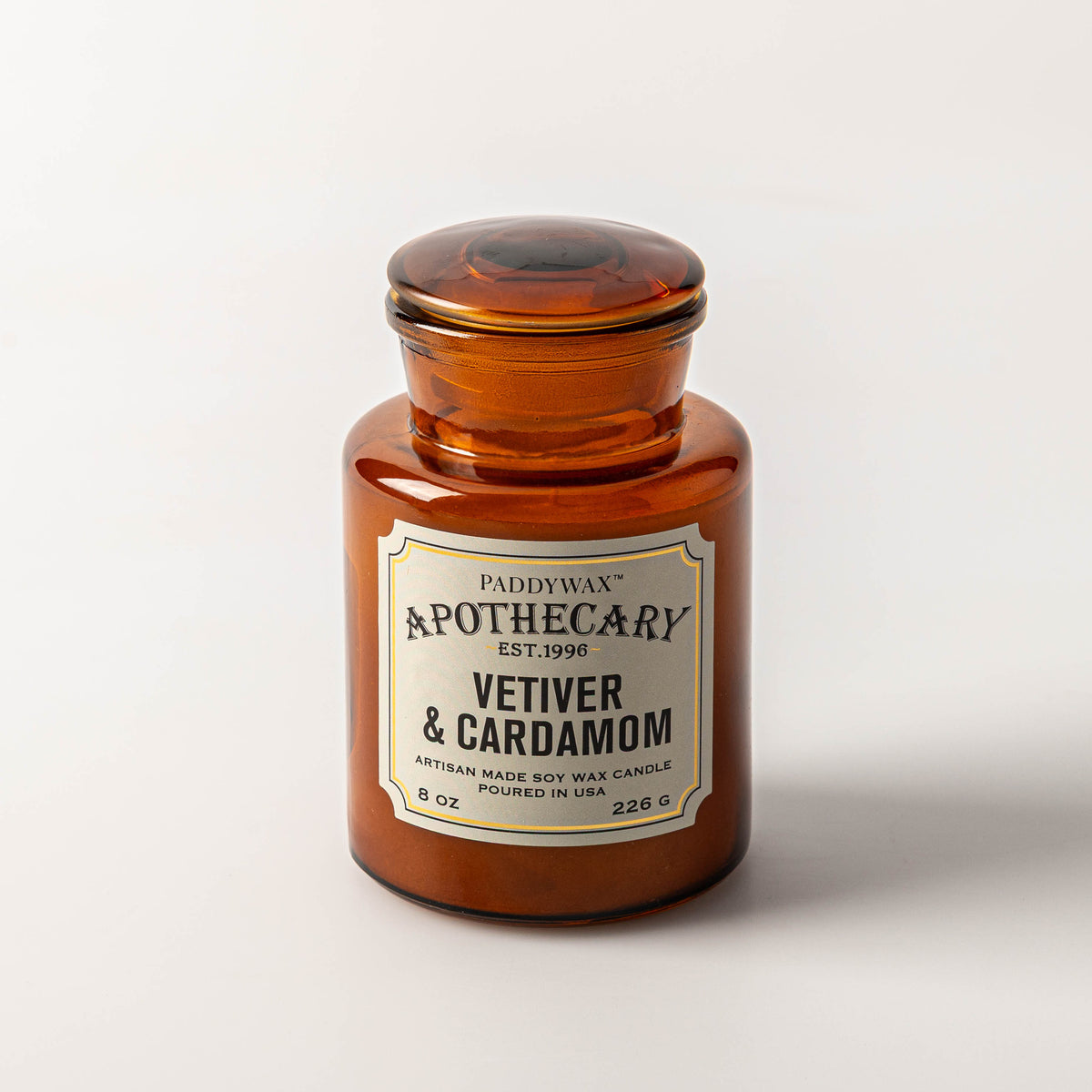 Apothecary Candle, Amber Glass – Vetiver & Cardamom, 8 oz