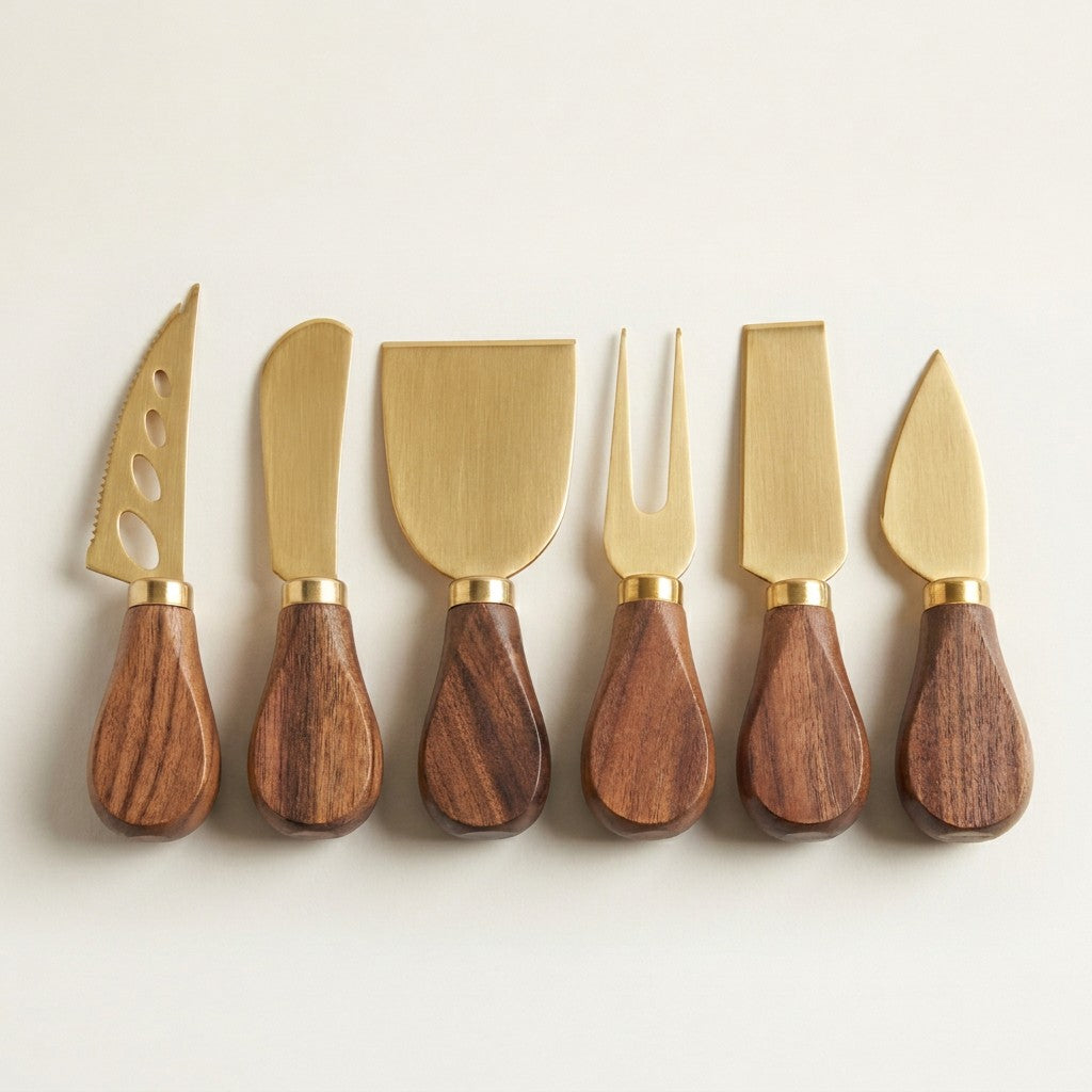 Walnut Handled Cheese Knives, Gold, Set of 6