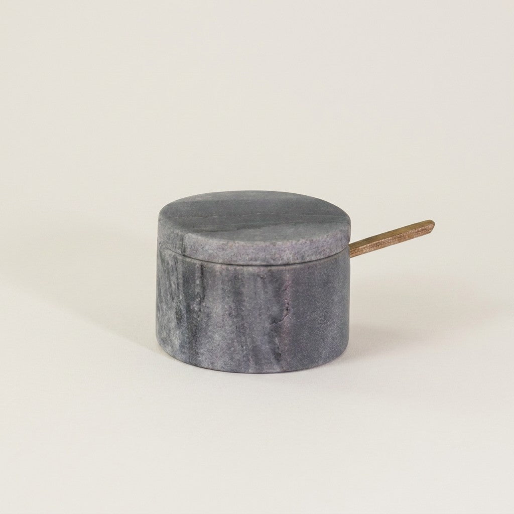 Gray Marble Lidded Cellar with Wood Spoon