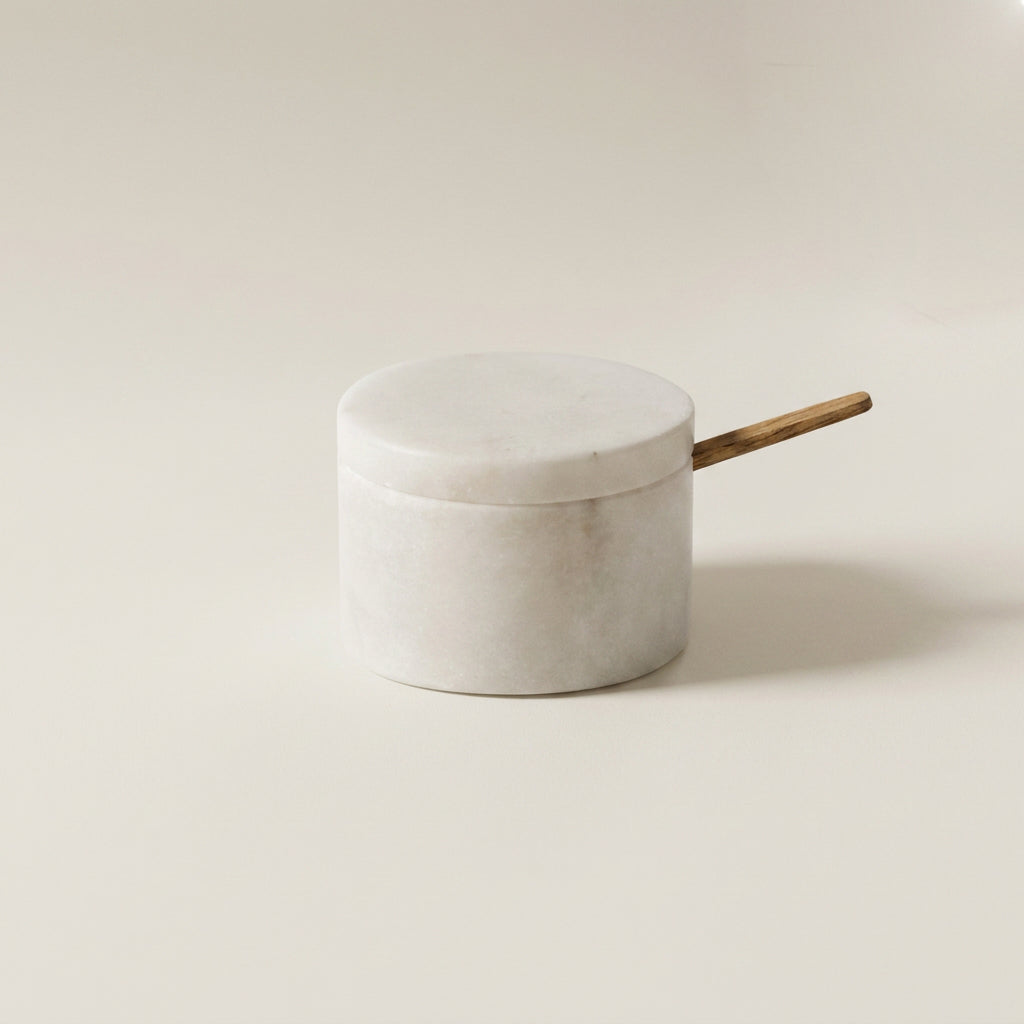 Gray Marble Lidded Cellar with Wood Spoon