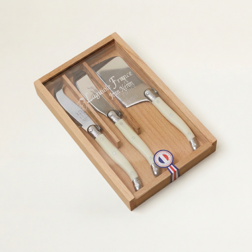 Laguiole 3 Piece Mini Cheese Utensil Set, in Wood Box with Acrylic Lid